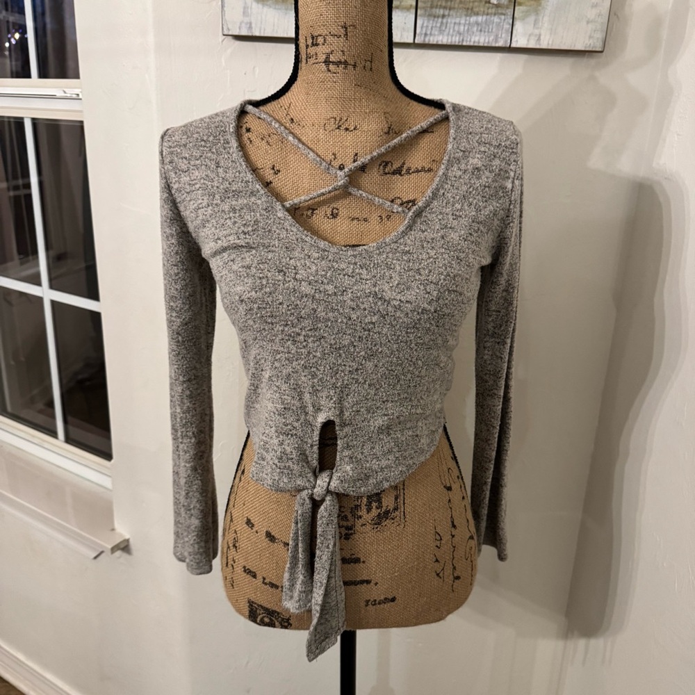 Gray Tie Front Fitted Long Sleeve Tee